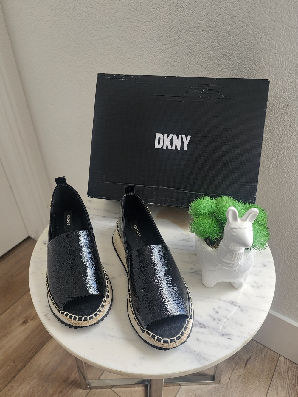 DKNY Black Patent Espadrille Slip-On Sandals